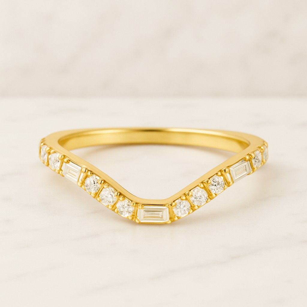 Baguette and Round-Cut Simulated Diamonds Wedding Ring Baguette Cut Moissanite Wedding Band