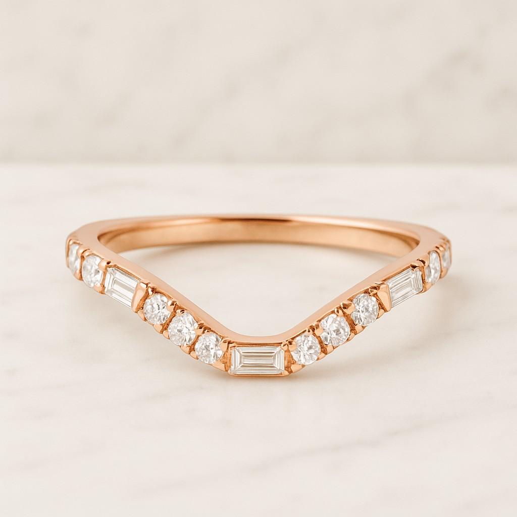 Baguette and Round Wedding Band Half Eternity, Solid Gold, Lab-Grown Diamond or Moissanite