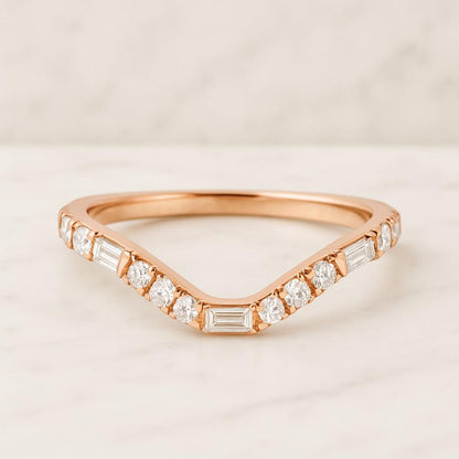 Baguette and Round Wedding Band Half Eternity, Solid Gold, Lab-Grown Diamond or Moissanite