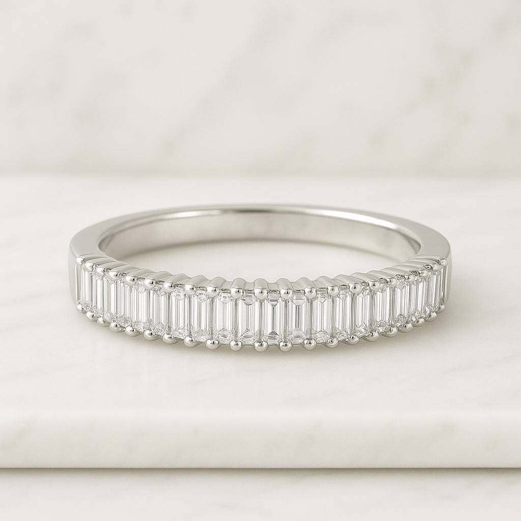 baguette cut lab grown diamond wedding band yellow gold open moissanite wedding band unique full eternity stacking band anniversary promise ring