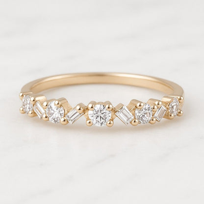 Baguette Simulated Diamonds Wedding Ring Half Eternity Baguette and Round Cut Moissanite Wedding Band Bridal Ring