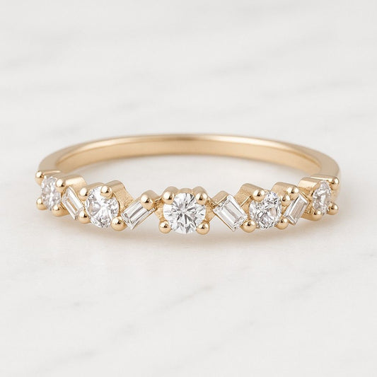 Baguette Simulated Diamonds Wedding Ring Half Eternity Baguette and Round Cut Moissanite Wedding Band Bridal Ring