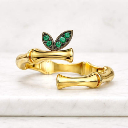 14K Gold Emerald Leaf Bamboo Open Ring Adjustable Ring