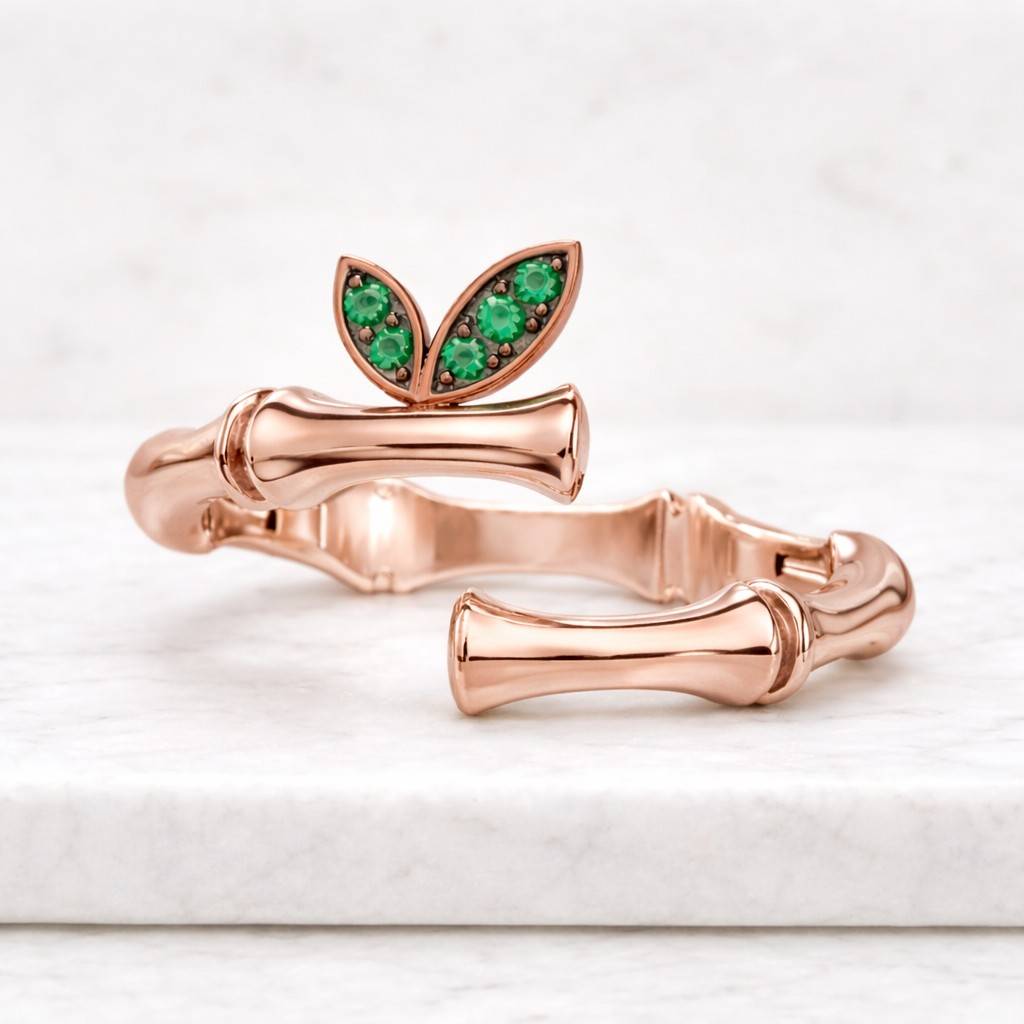 14k gold emerald leaf bamboo open ring adjustable ring