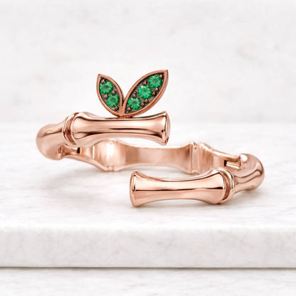 14K Gold Emerald Leaf Bamboo Open Ring Adjustable Ring
