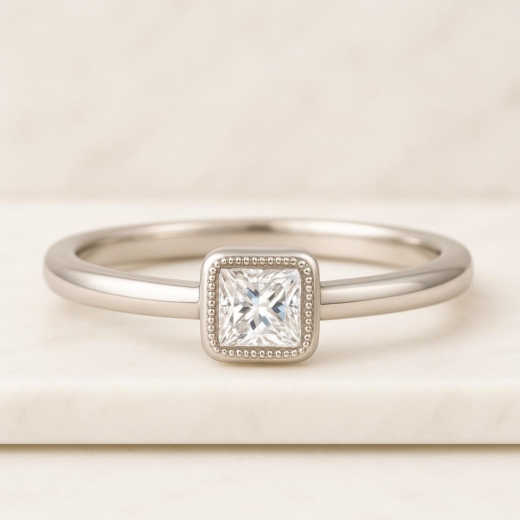 Beautiful Solitaire with Accent Ring Gift For Her Princess Lab Grown Diamond Wedding Band Princess Cut Milgrain Half Eternity Band for Her