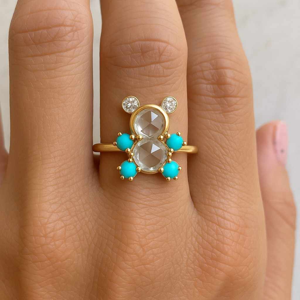 Beautiful Rose Cut Diamond Engagement Ring, Lab Grown Diamond Wedding Ring, Teddy Bear Design Ring, Handmade 10k14k18k Solid Gold Ring