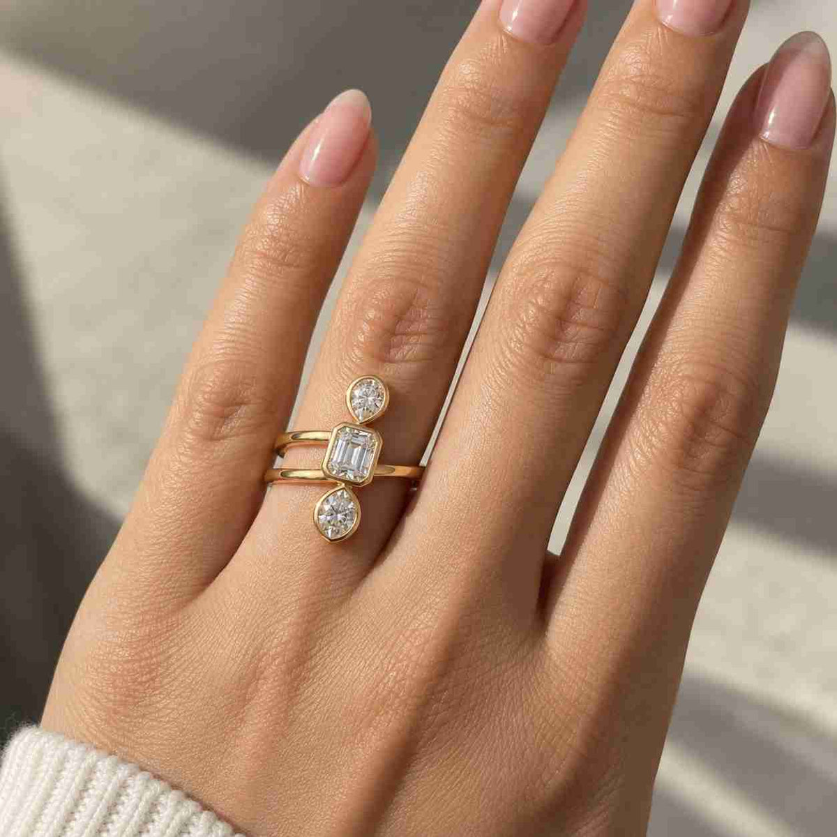 Bezel Set 2ct Lab Grown Diamond Emerald Toi Et Moi Engagement Ring 