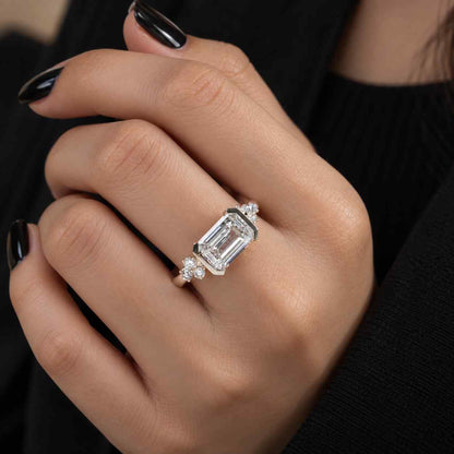 Bezel Set Emerald Cut Lab Grown Diamond Engagement Ring | IGI Certified | 10k 14k 18k Gold, Platinum & Silver | Stackable
