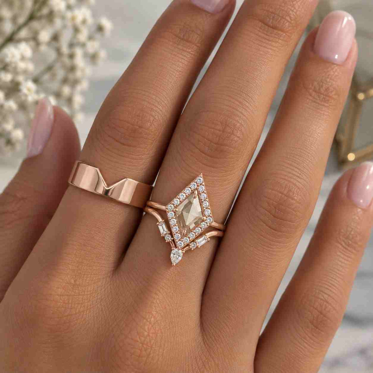 bezel set engagement ring | vintage kite salt and pepper diamond ring | wedding ring | unique bridal ring | 14k rose gold ring | dainty ring