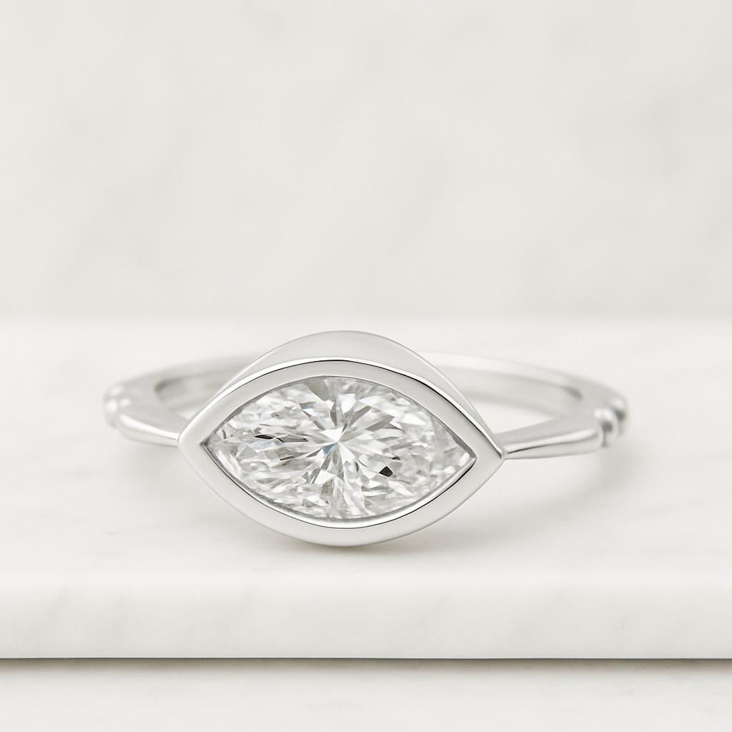 Bezel Set Marquise Cut E Color VVS Lab Grown IGI Certification Solitaire Engagement Ring 14K Solid Yellow Gold East West Marquise Ring