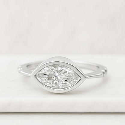 Bezel Set Marquise Cut E Color VVS Lab Grown IGI Certification Solitaire Engagement Ring 14K Solid Yellow Gold East West Marquise Ring