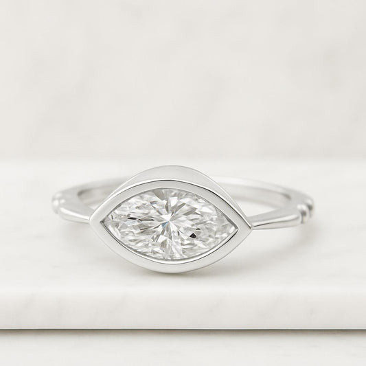 Bezel Set Marquise Cut E Color VVS Lab Grown IGI Certification Solitaire Engagement Ring 14K Solid Yellow Gold East West Marquise Ring