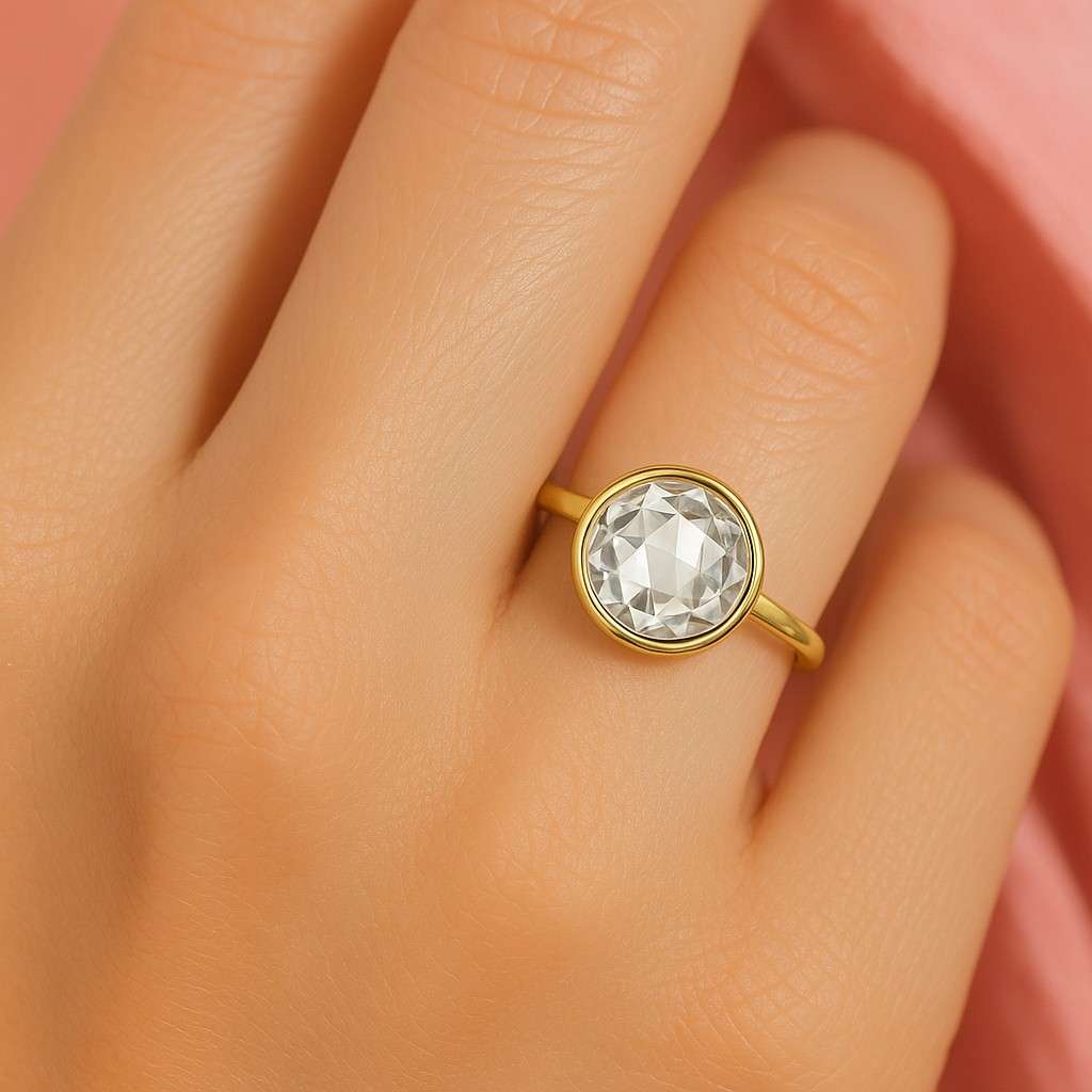 Bezel Set Rose Cut Moissanite Engagement Ring 18k Gold Rustic Diamond Charm Natural Rose Cut Diamonds