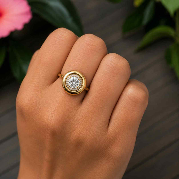 Bezel Set Round Halo Engagement Ring, Lab Grown Diamond Ring, 14K Yellow Gold Halo Ring, Round Cut Diamond Ring, Unique Engagement Ring