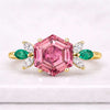 Hexagon Pink Tourmaline Engagement Ring Art Deco Multi-Color Gemstone Ring