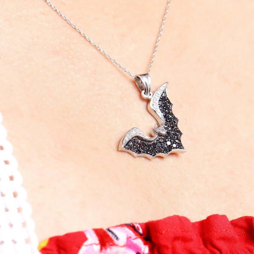 Black Diamond Bat Necklace in Solid 18K Gold