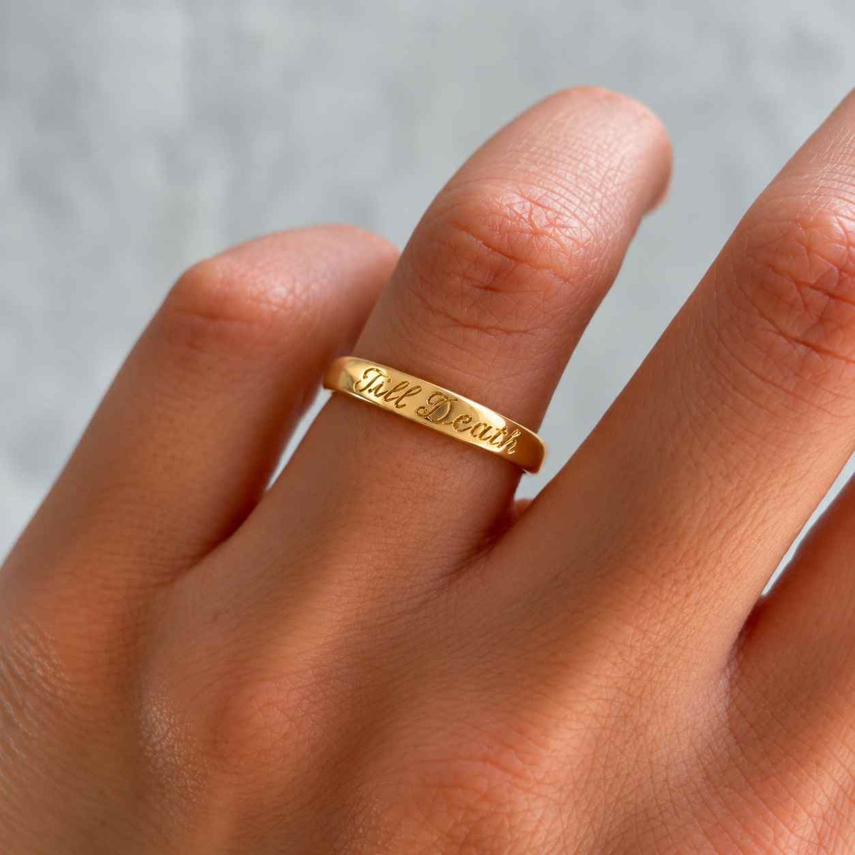 men's black & gold ring with gothic lettering, modern solid gold male wedding band, unique ring for him, custom text ring - e.g., til death
