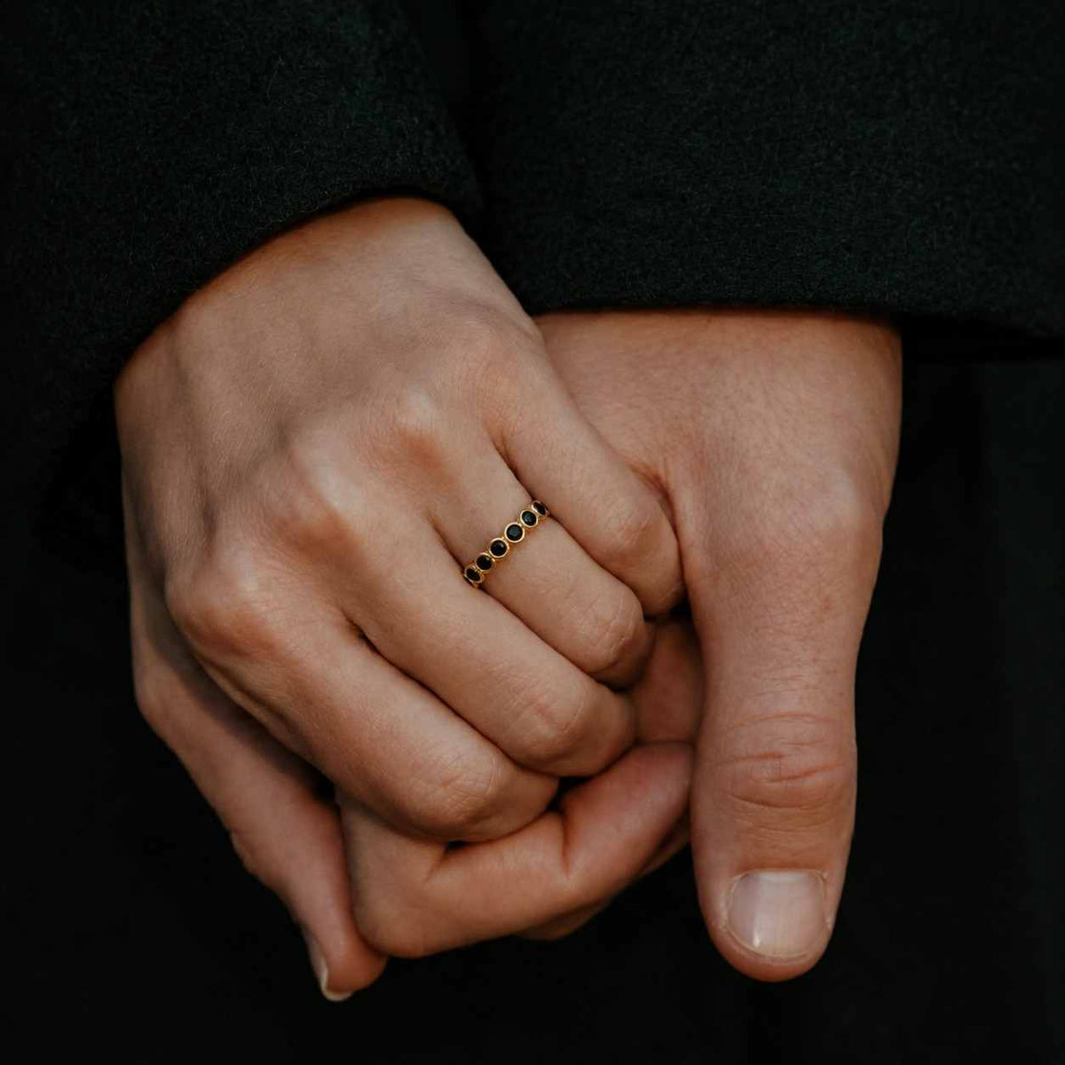 black onyx stackable ring - 18k gold plated double row open band - handmade gemstone jewelry - boho jewelry
