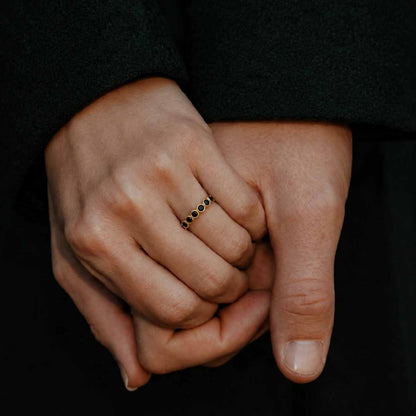 Black Onyx Stackable Ring - 18K Gold Plated Double Row Open Band - Handmade Gemstone Jewelry - Boho Jewelry
