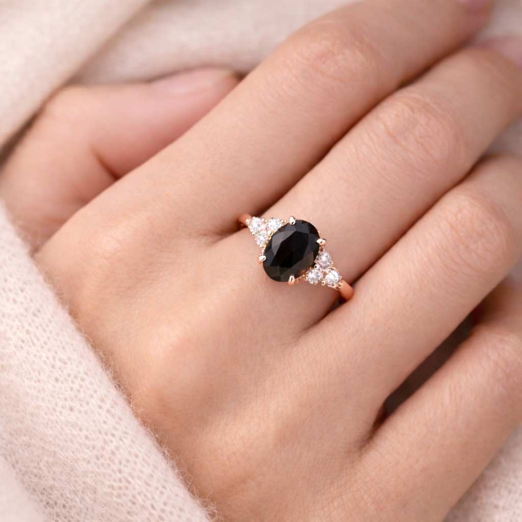 Black Oval Diamond  Wedding Ring