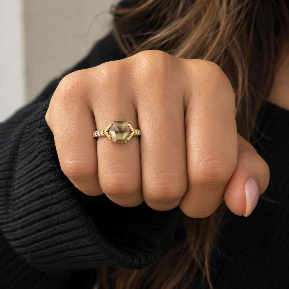 Black Salt and Pepper Hexagon Diamond Ring Platinum Ring Black Round Diamond Ring 6 Prong Engagement Ring Handmade Ring Salt and Pepper