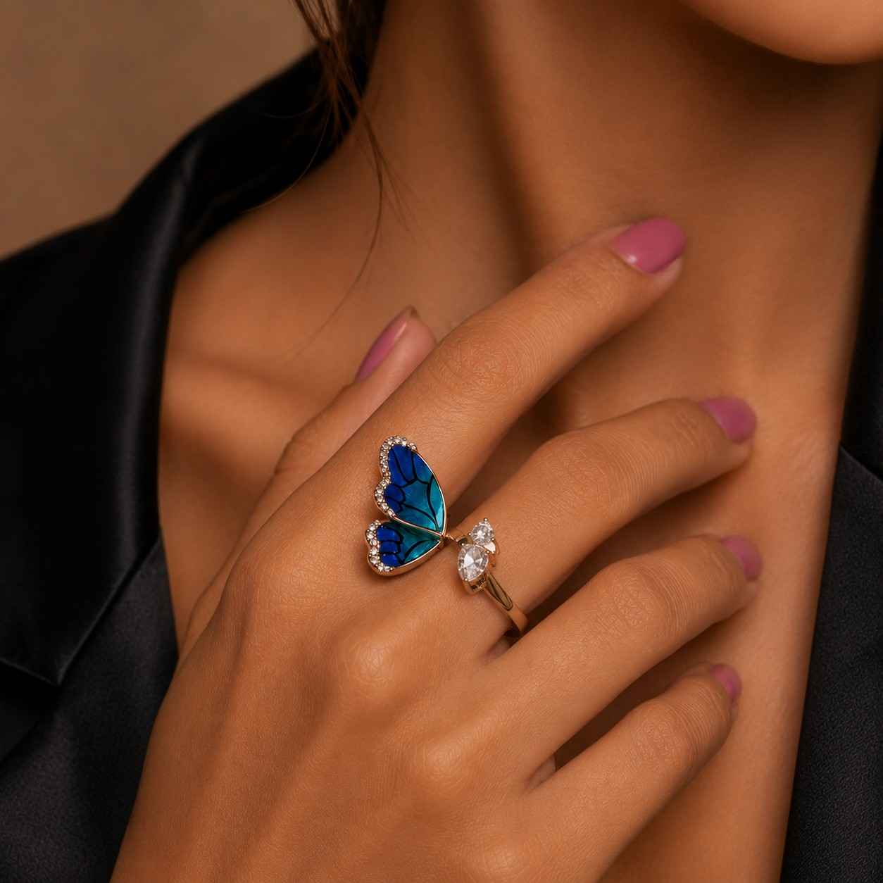 Blue Butterfly Crystal Ring, Adjustable Butterfly Ring, Sapphire Crystal Ring, Anniversary Gift for Her, Fairycore Jewelry, Gold Ring

