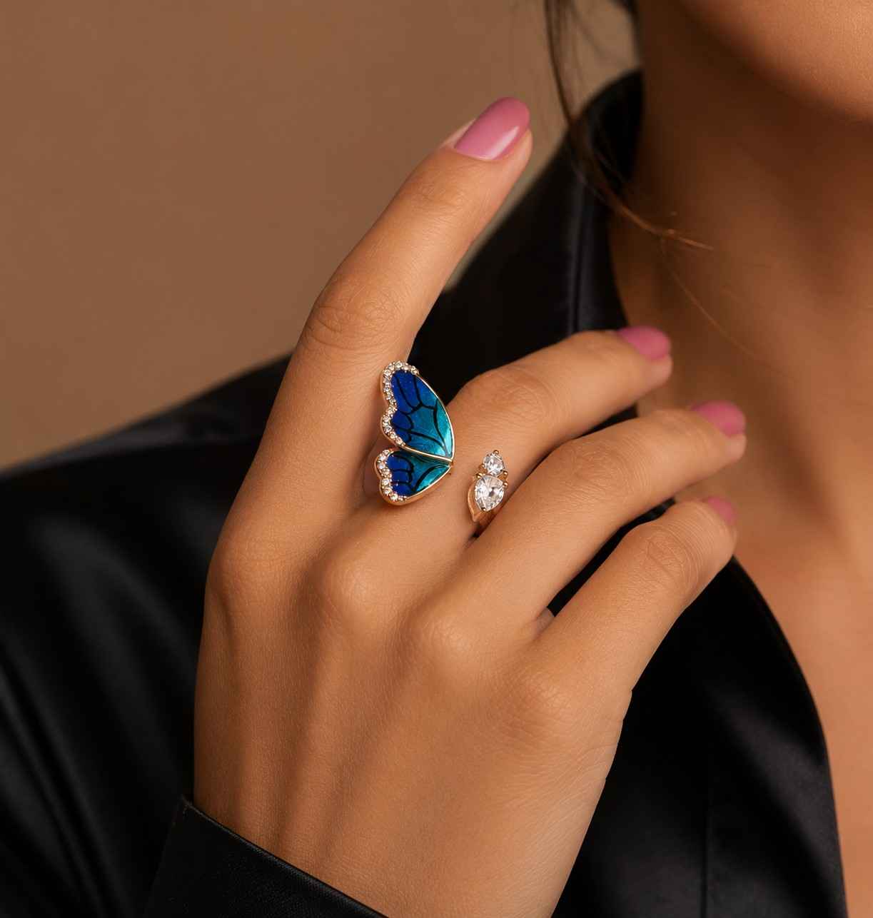 blue butterfly ring, adjustable open ring, silver tone statement jewelry, nature inspired gift for her
