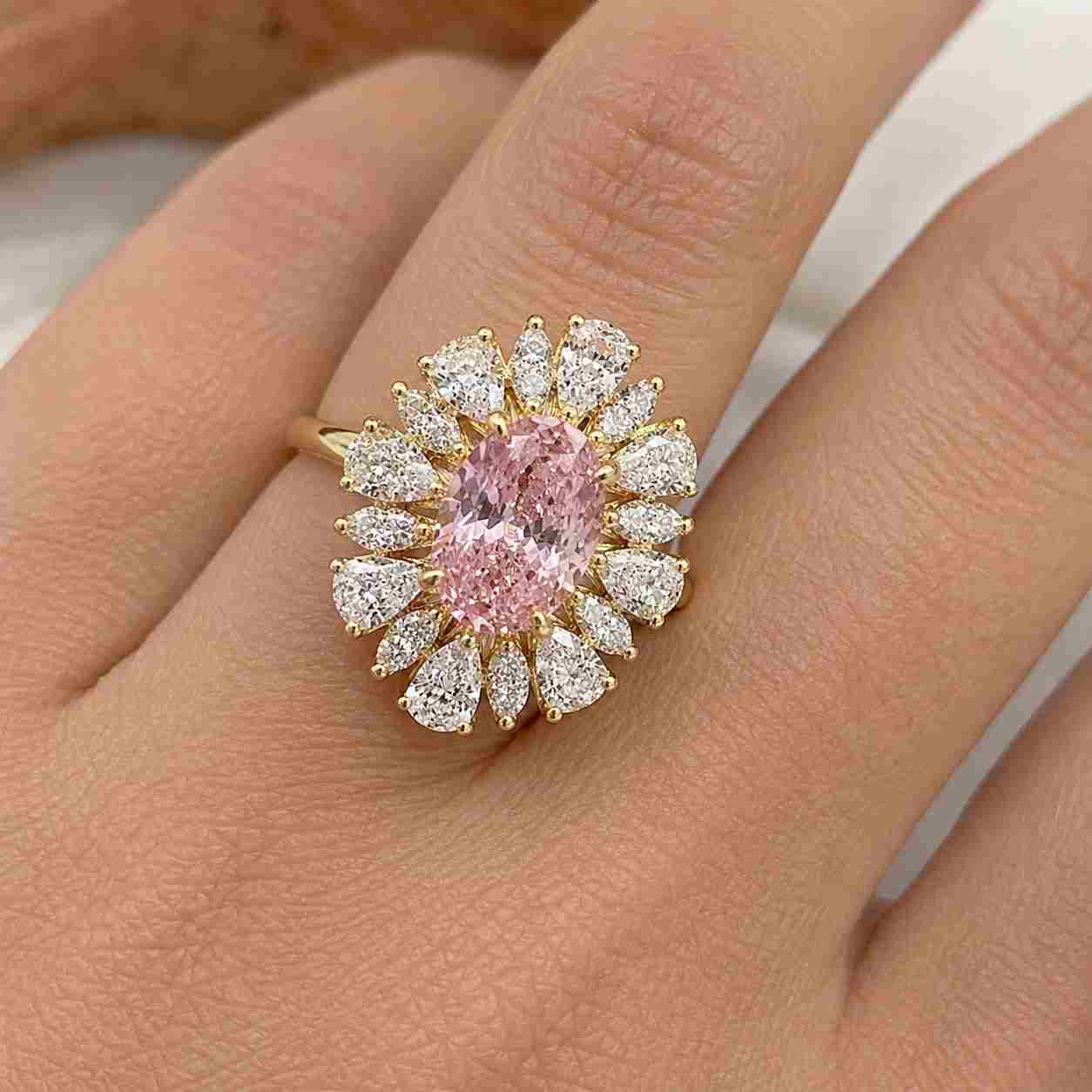 blue diamond oval shape lab grown engagement ring | hidden halo with pave round diamonds | igi certified | 10k 14k 18k gold & silver
