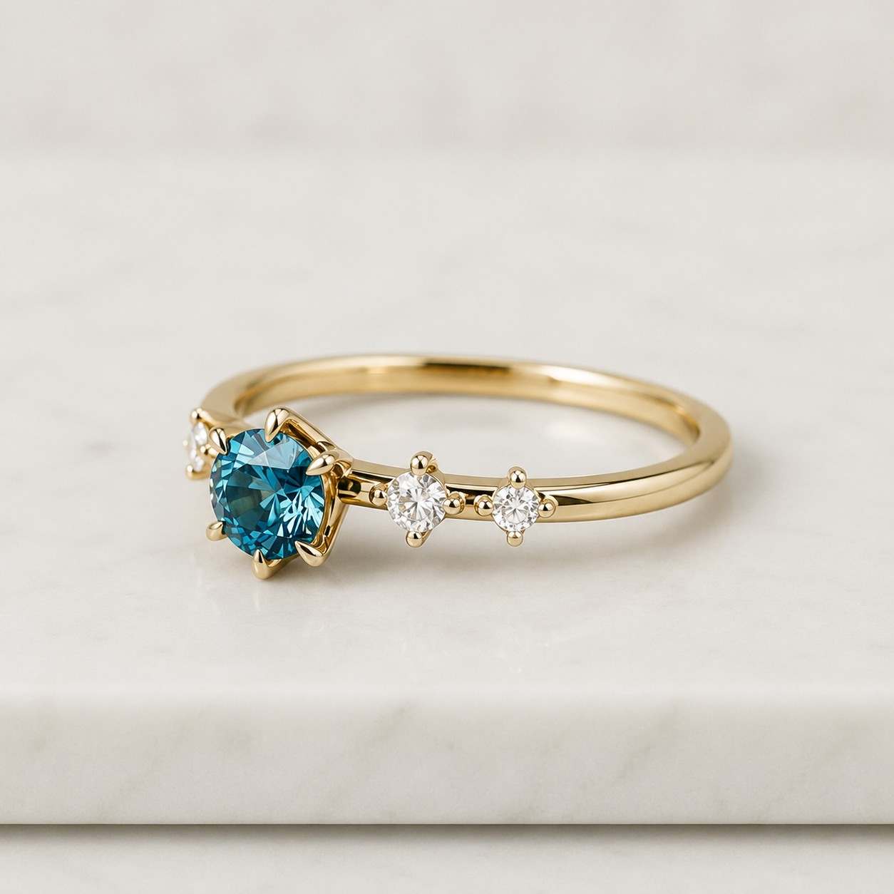 Blue Diamond Ring Three Stone Diamond Band 14K Solid Gold White Diamond Engagement Gift Fine Jewelry for Her
