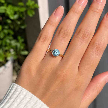 Blue Diamond Round Cut Lab Grown Engagement Ring | IGI Certified | Hidden Halo with Pave Round Diamonds | 10k 14k 18k Gold & Silver