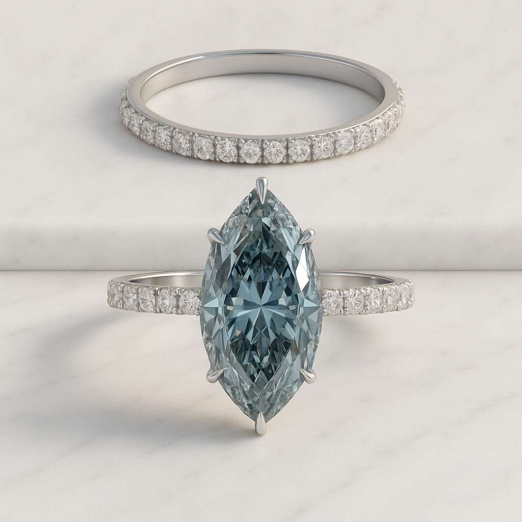 Blue Marquise Lab Grown Diamond Engagement Ring Marquise Cut Blue Diamond Ring IGI Certified Lab Grown Diamond Three Marquise Promise Ring