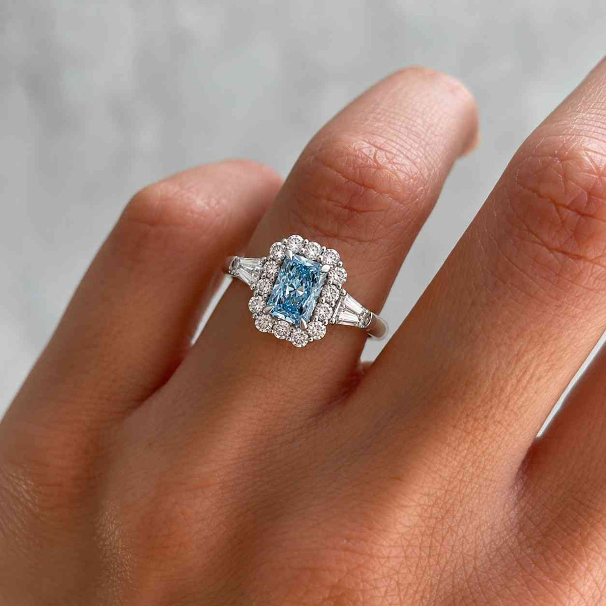 Blue Radiant Cut Engagement Ring Lab Grown Diamond Halo Ring 14k White Gold Straight Shank Half Eternity Anniversary Promise Ring For Her
