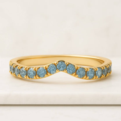 Blue Round Cut Gemstone Full Eternity Band  Prong Set 14K Solid Gold Band Lab Diamond Alternate Set Bridal Band