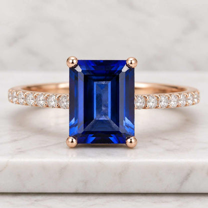 Blue Sapphire Pave Band Ring, Emerald-Cut Bead-set Cluster Accents, Lab-Grown Diamond September Birthstone
