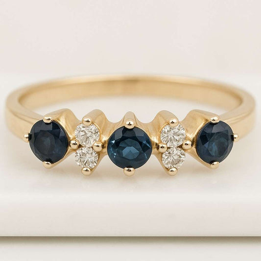 Natural Blue Sapphire and Pear Diamond Engagement Ring Round Cut Lab Grown Diamond Ring