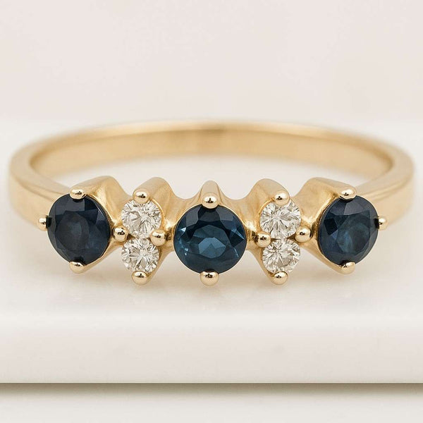 Natural Blue Sapphire and Pear Diamond Engagement Ring Round Cut Lab Grown Diamond Ring