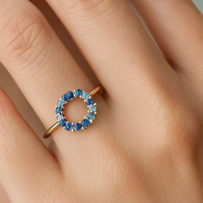 Blue Sapphire engagement Ring Set Unique Hidden Halo Vintage Yellow Gold Saphire Ring