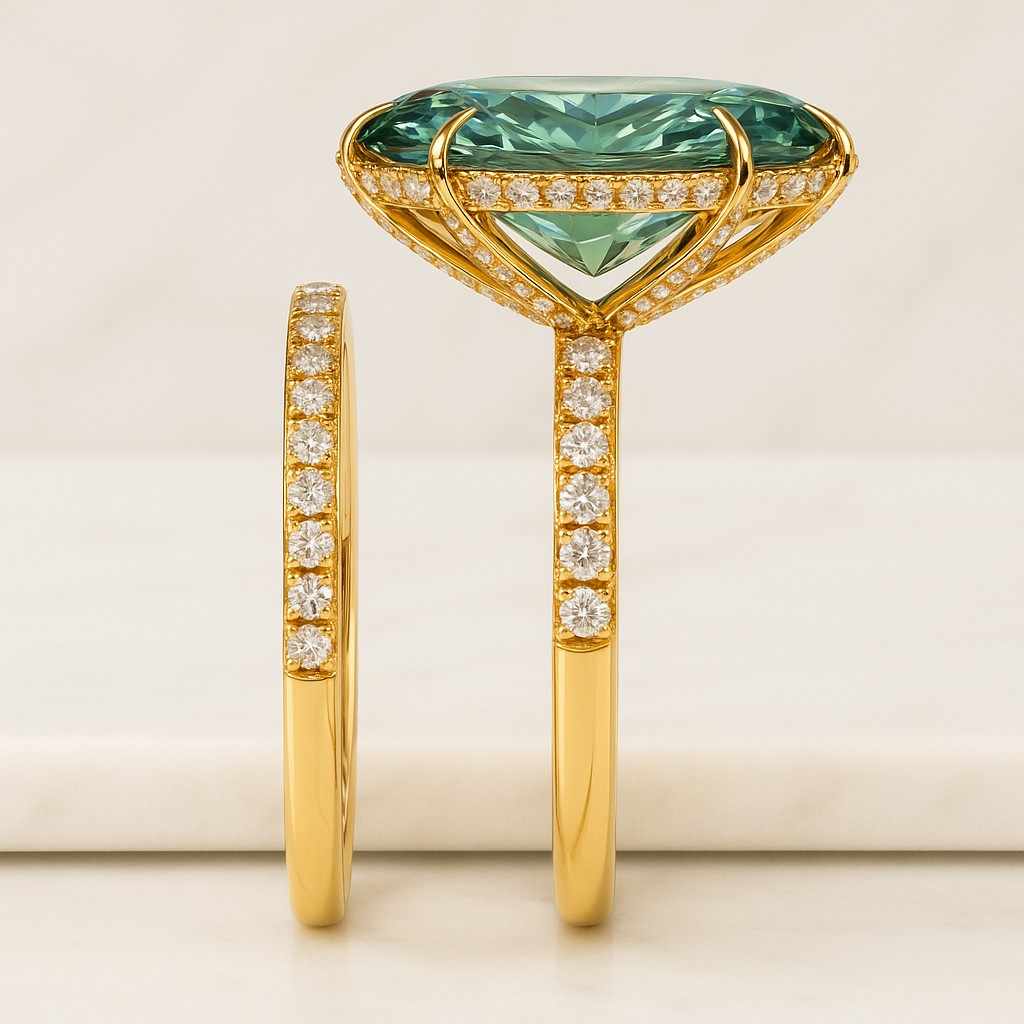 Bluish Green Marquise Cut Lab Diamond Accent Ring Lab Grown Diamond V Prong Set Engagement Ring