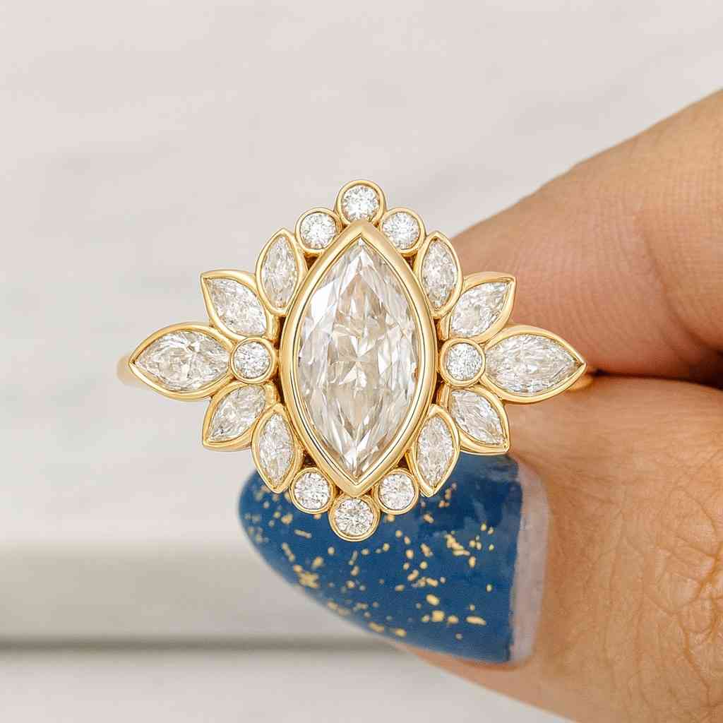 Bridal promise Anniversary ring Marquise cut Lab Grown Diamond engagement ring Unique White Gold Marquise Cluster Pave Bridal Diamond Promise ring