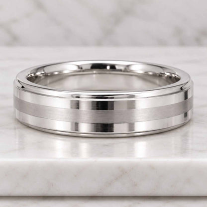 Brushed Tungsten Ring, 8 mm Silver Wedding Band, Grooved Mens Ring, Beveled Edge Band, Minimalist Promise Ring, Modern Engagement Ring
