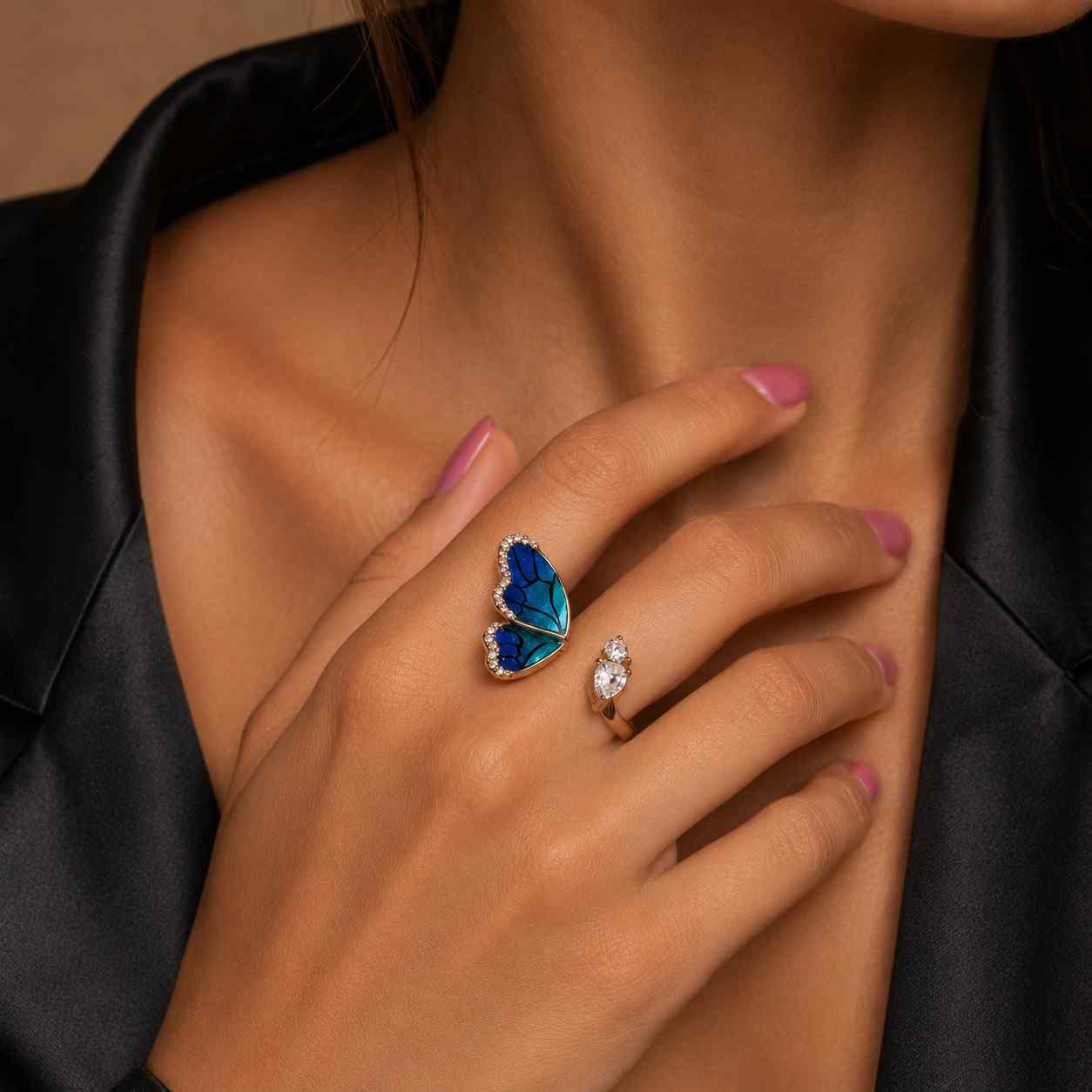 butterfly ring blue butterfly wing ring with pear cut & round lab grown diamond open ring nature inspired statement ring gift for her
