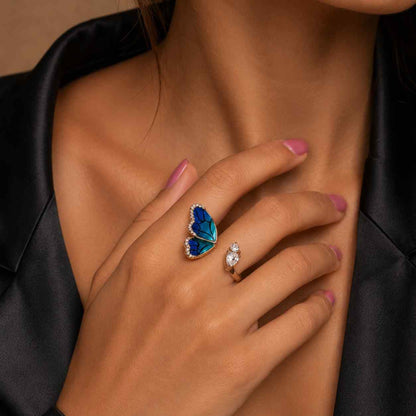 Butterfly Ring Blue Butterfly Wing Ring with Pear Cut & Round Lab Grown Diamond Open Ring Nature Inspired Statement Ring Gift For Her
