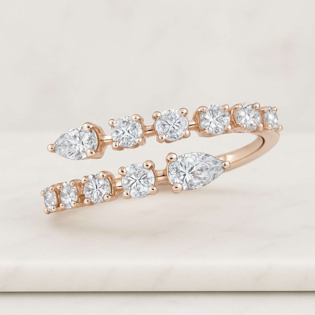 Bypass Shank Ring Pear & Round Moissanite Diamond Open Gap Ring