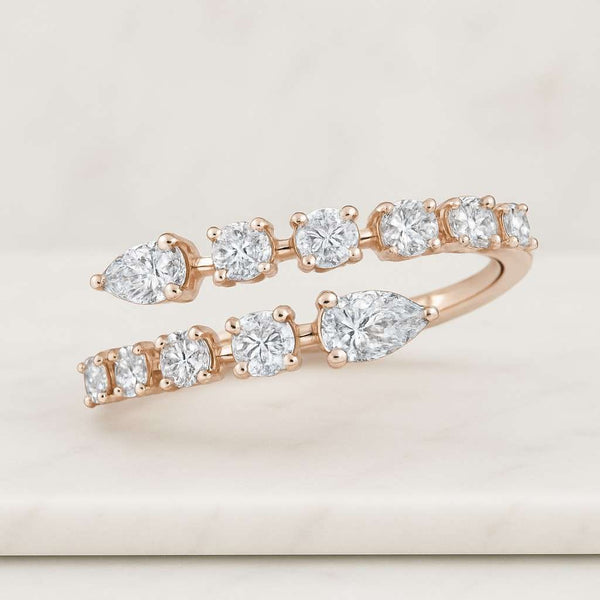 Bypass Shank Ring Pear & Round Moissanite Diamond Open Gap Ring