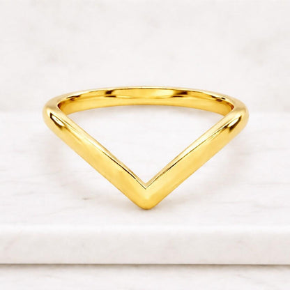 14K Solid Gold Wave Chevron Ring, Curved Wishbone Ring Wedding Band
