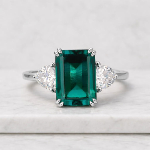 Three Stone Emerald Cut Engagement Ring, Sterling Silver May Birthstone Jewellery
