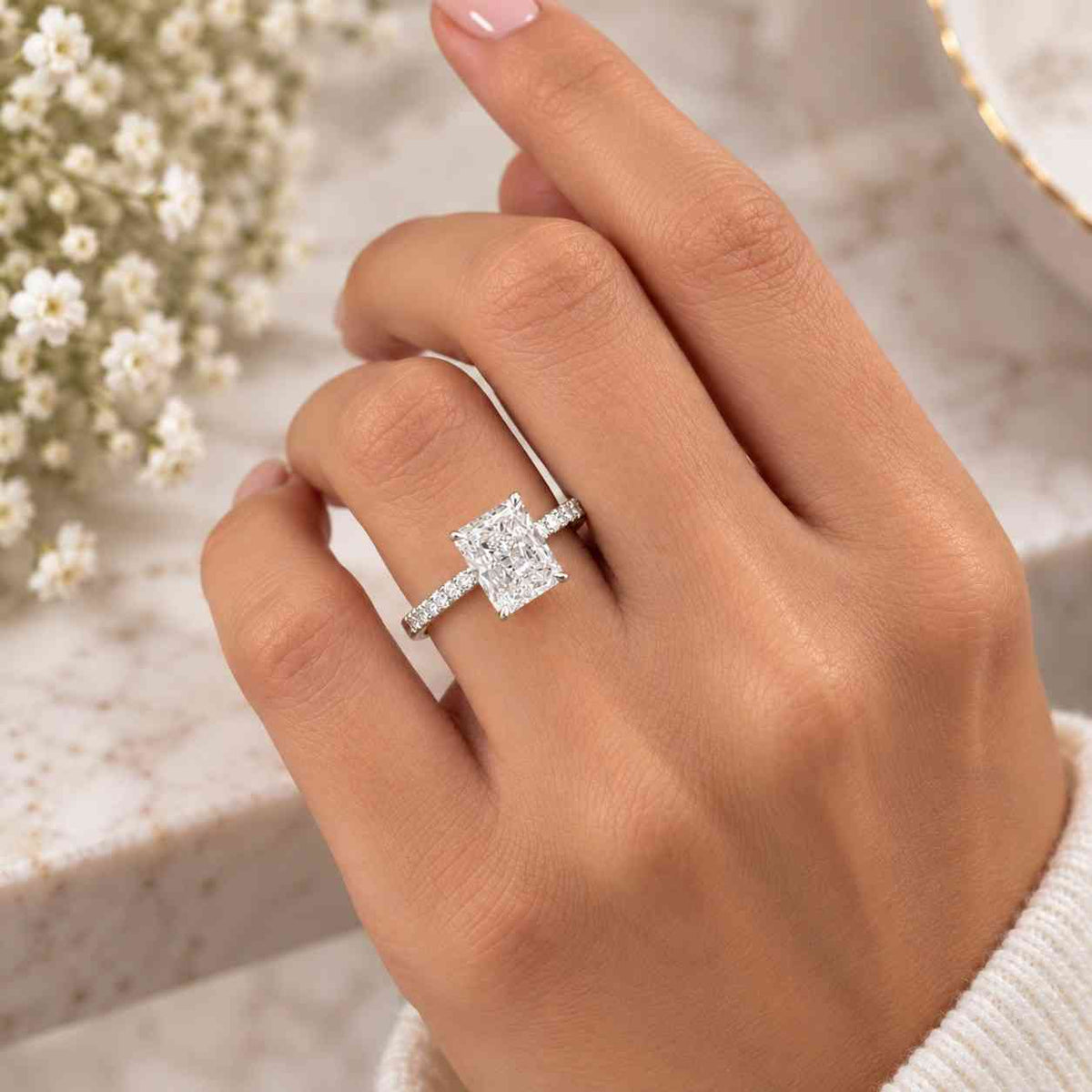 Certified Radiant Cut Lab Grown Diamond Ring, 14k White Gold Hidden Halo Pave Engagement
