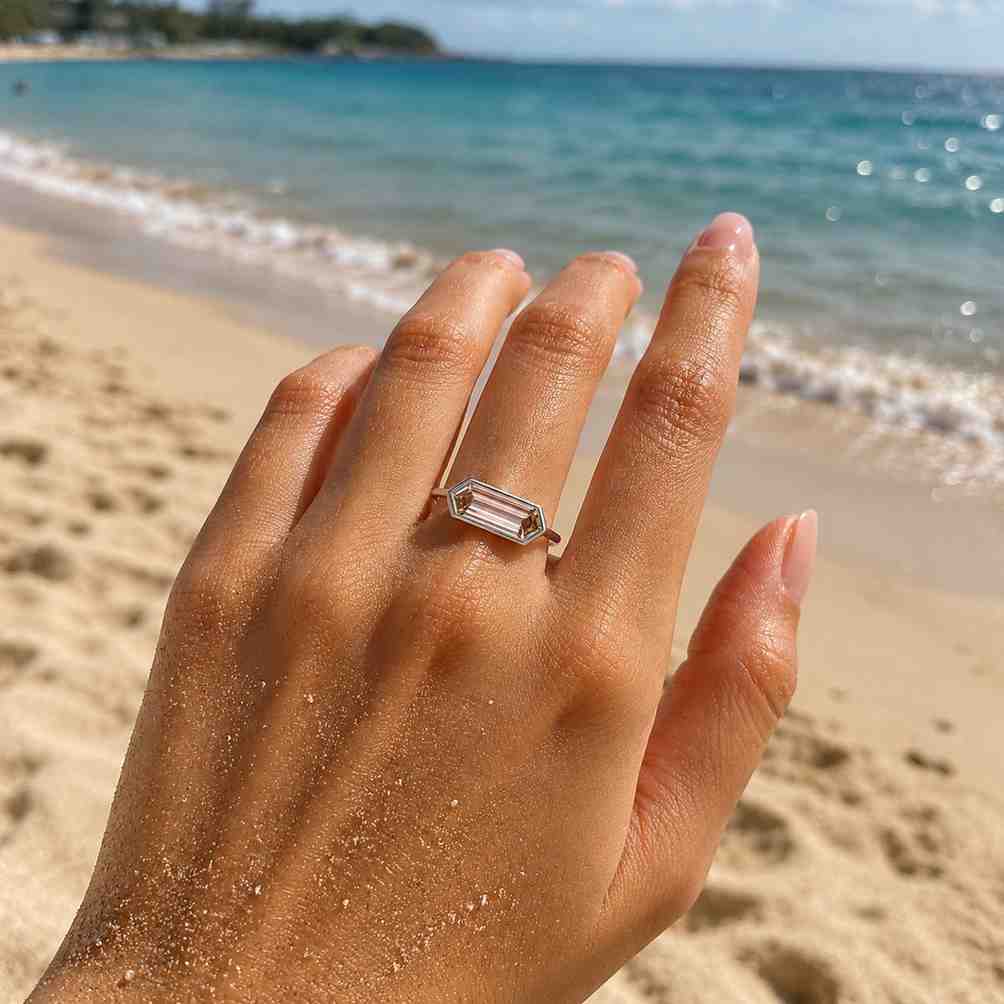 champagne hexagon moissanite engagement ring yellow gold, bezel set hexagon cut solitaire ring, unique geometric wedding ring