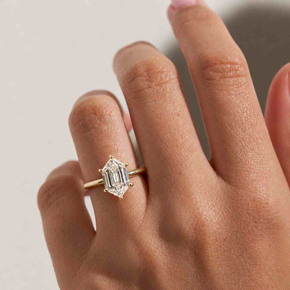 Channel Setting Hexagon Cut Lab Grown Diamond Engagement Ring 14K Solid Gold Baguette Diamond Ring Statement Wedding Ring Unique Bridal Ring
